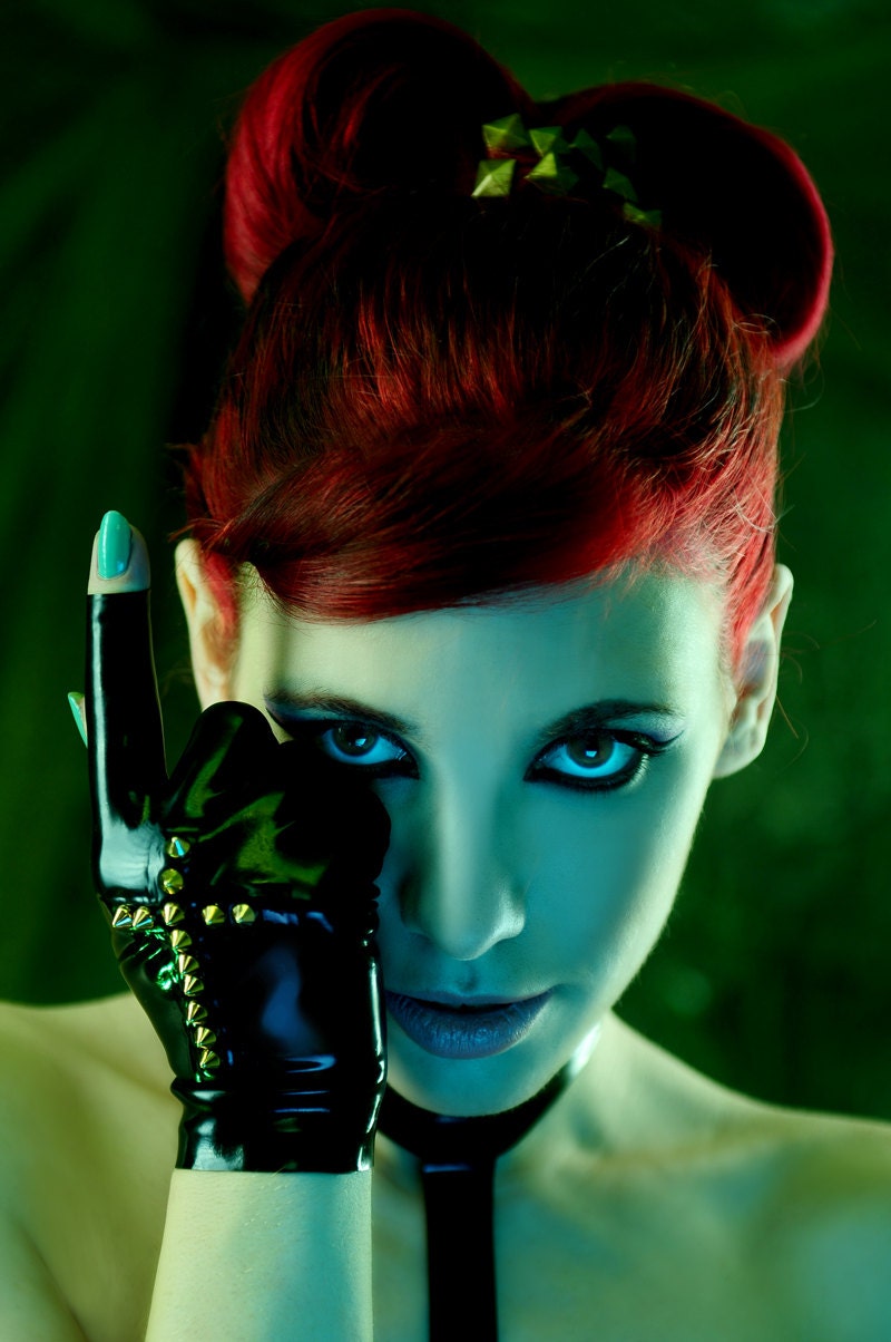 Tipless latex gloves with spiked cross appliqué